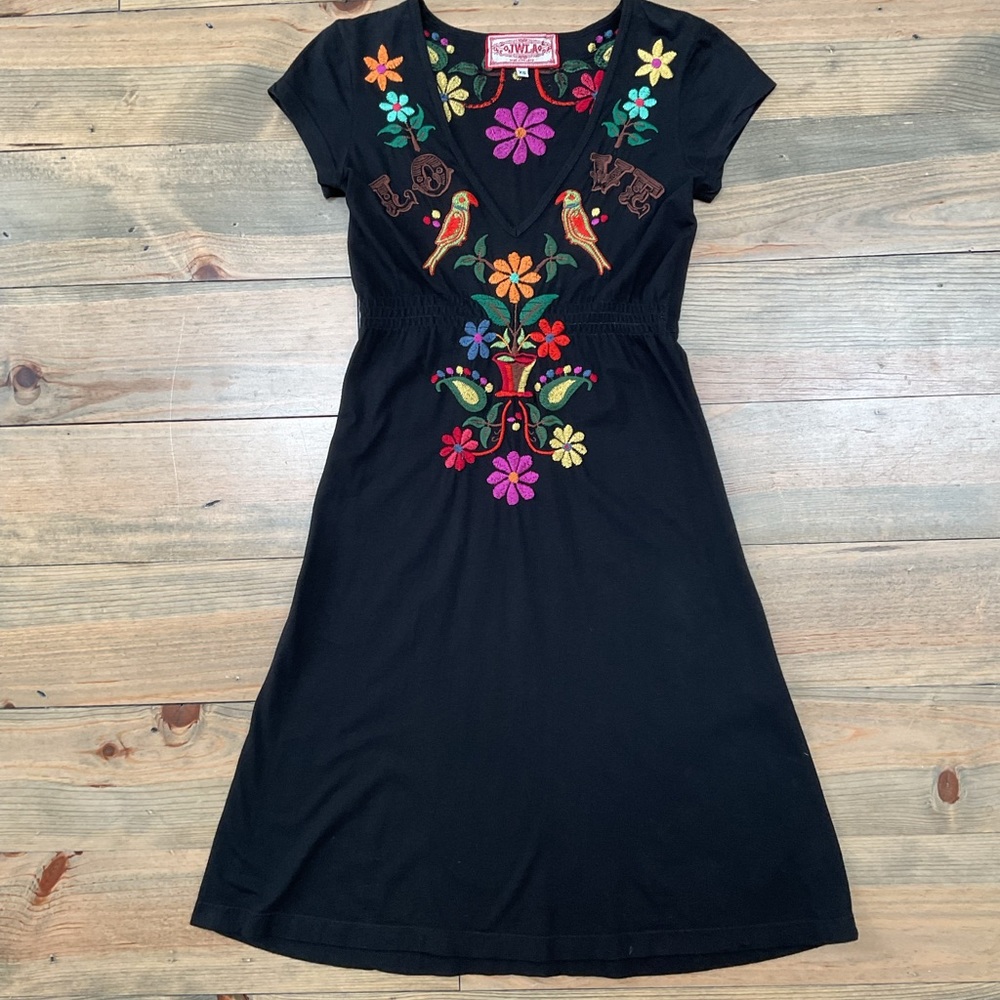 Embroidered V-Neck Black Midi Dress with Floral, Bird & “LOVE” Detail